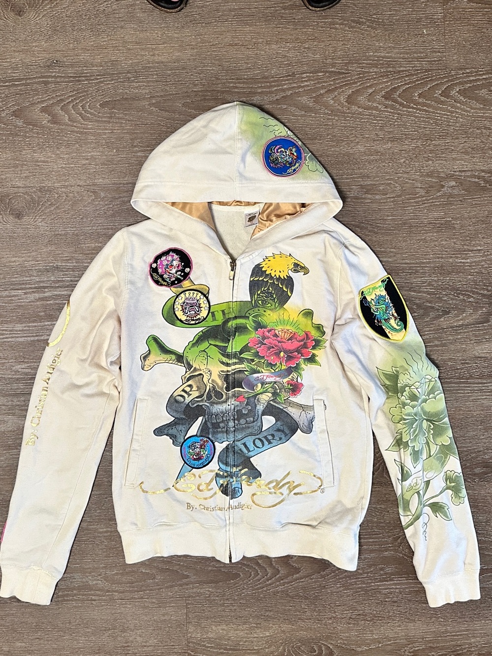 Men’s Women’s unisex creamy white Hoodie Zip w/ Patches Size Medium Y2K vintage